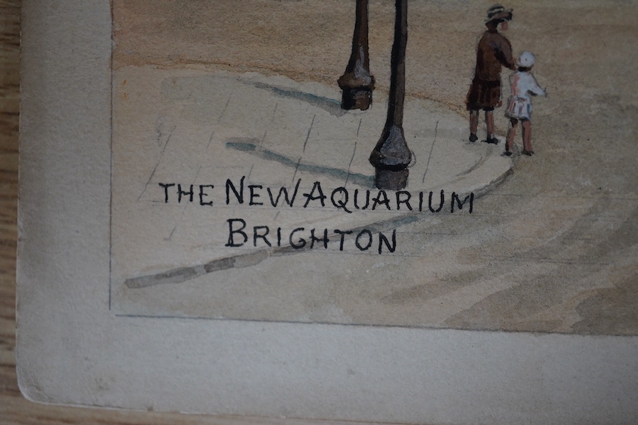 Alfred Robert Quinton (1853-1934), four original watercolours for postcards, Sussex views comprising The Pier, Bognor Regis, East Beach, Eastbourne, West Beach from the Pier and The New Aquarium Brighton, each signed, 20